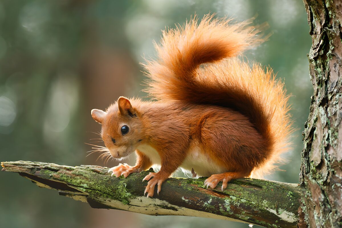 Rotes Eichhörnchen auf moosigem Ast