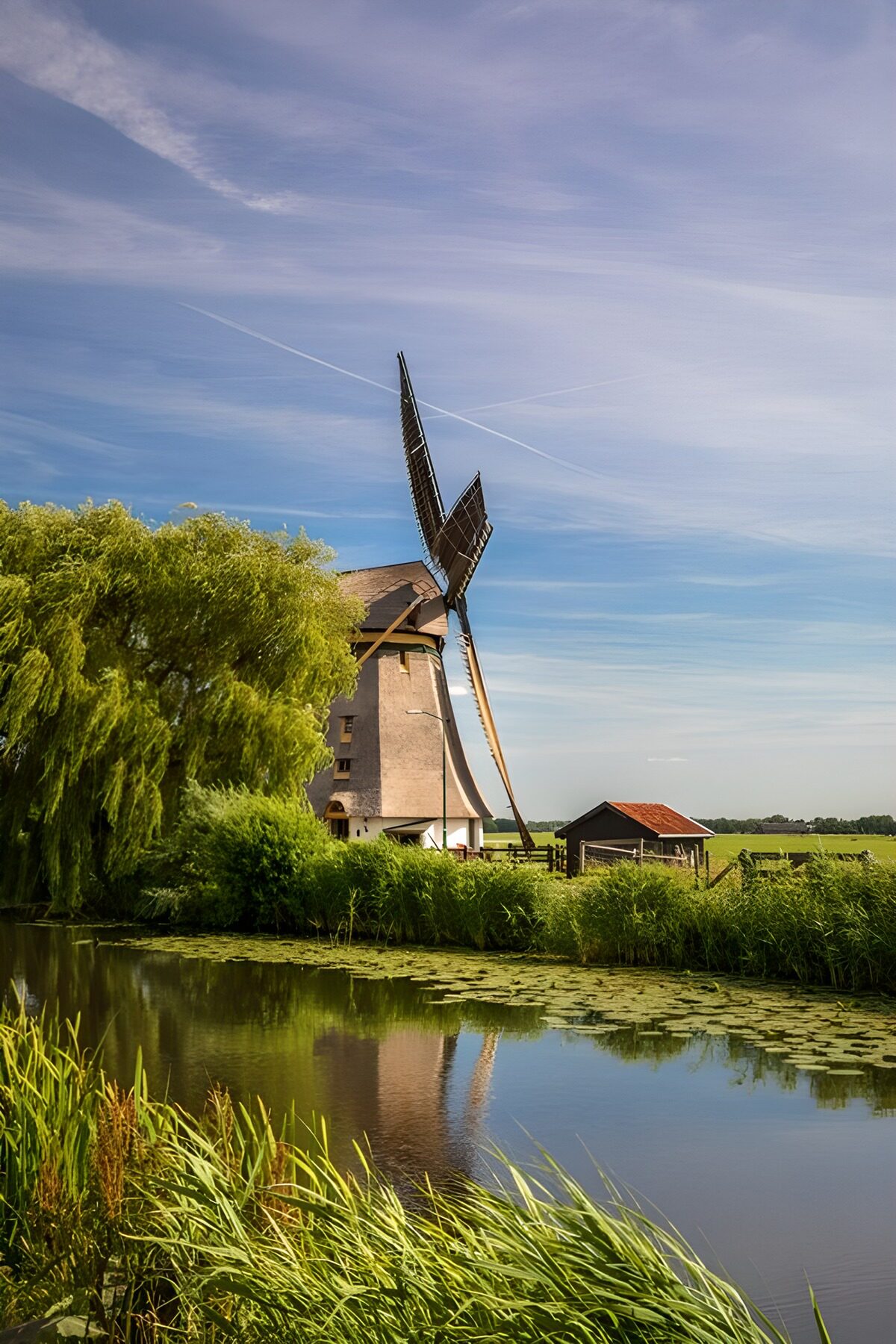 Windmühle am Wasser im satten Grün
