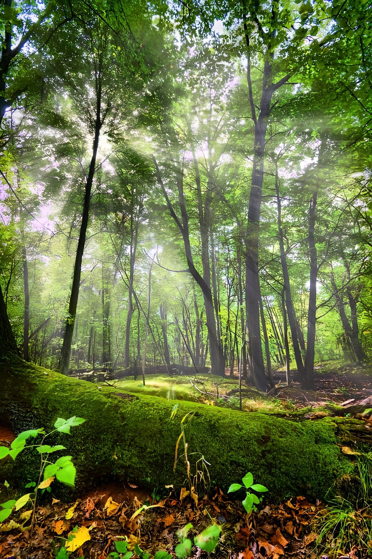 Moosiger Baumstamm im sonnigen Wald