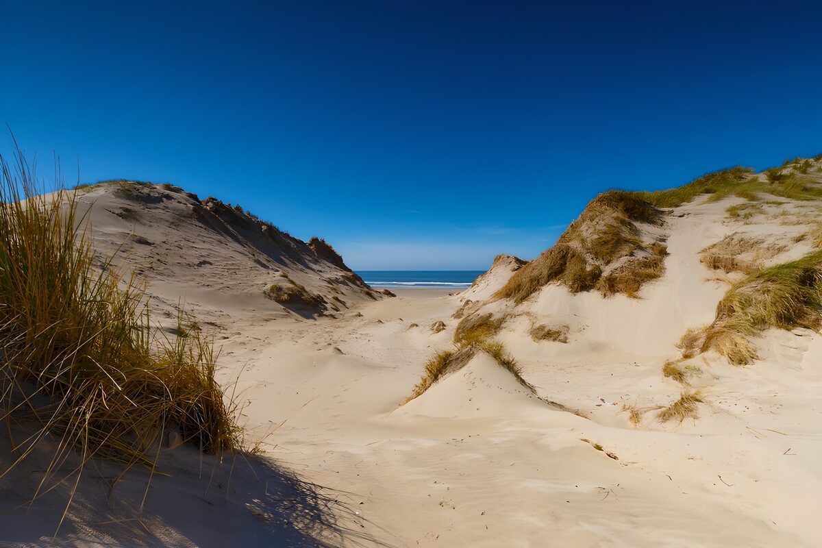 Sanddünen mit weitem Himmel und Meer