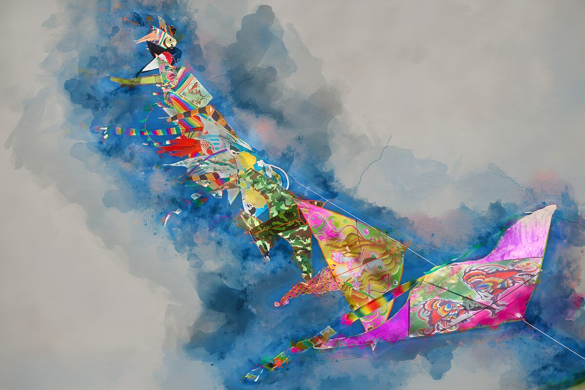 Bunte Drachen vor zarten Farbverläufen