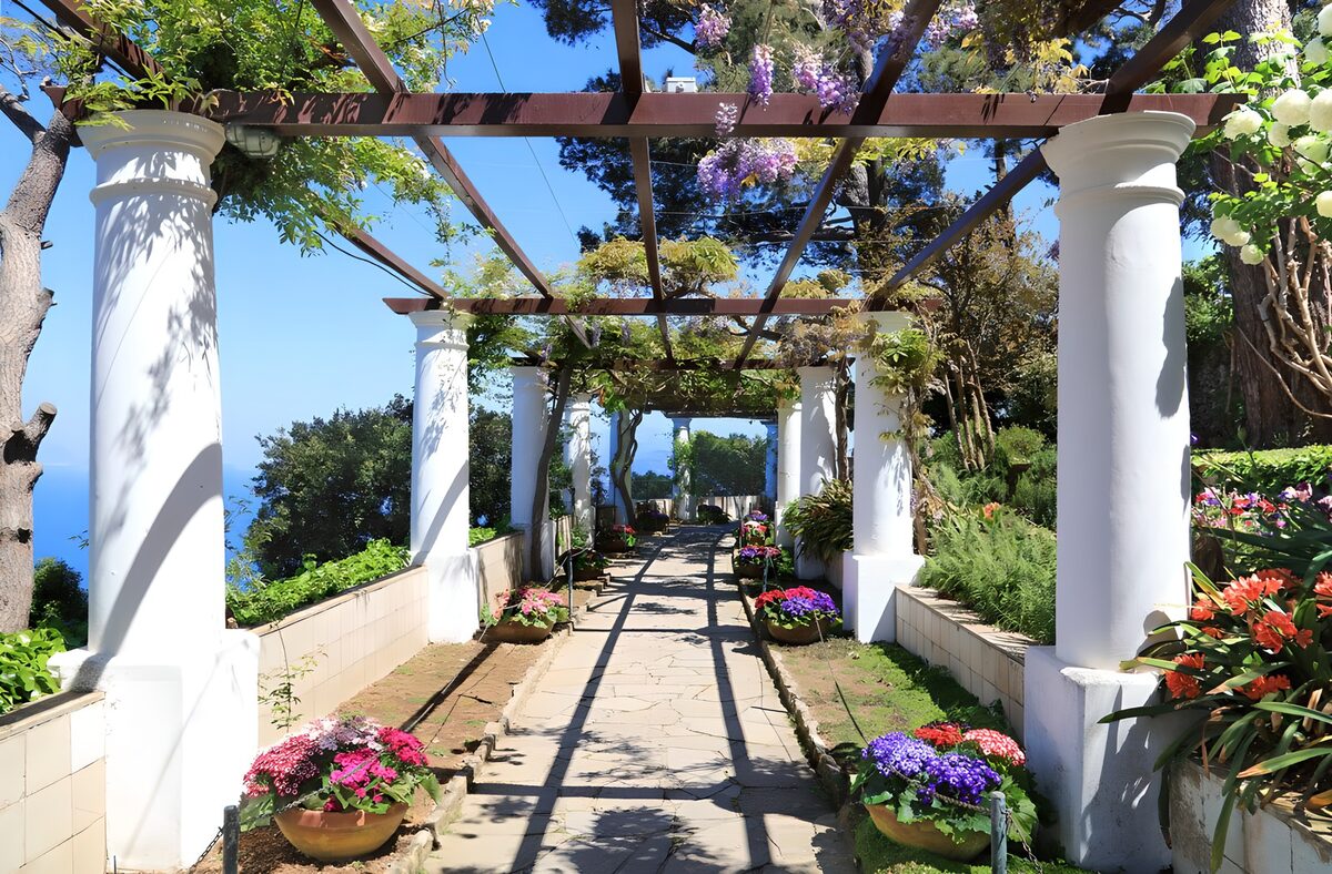 Sonniger Gartenweg unter der Pergola