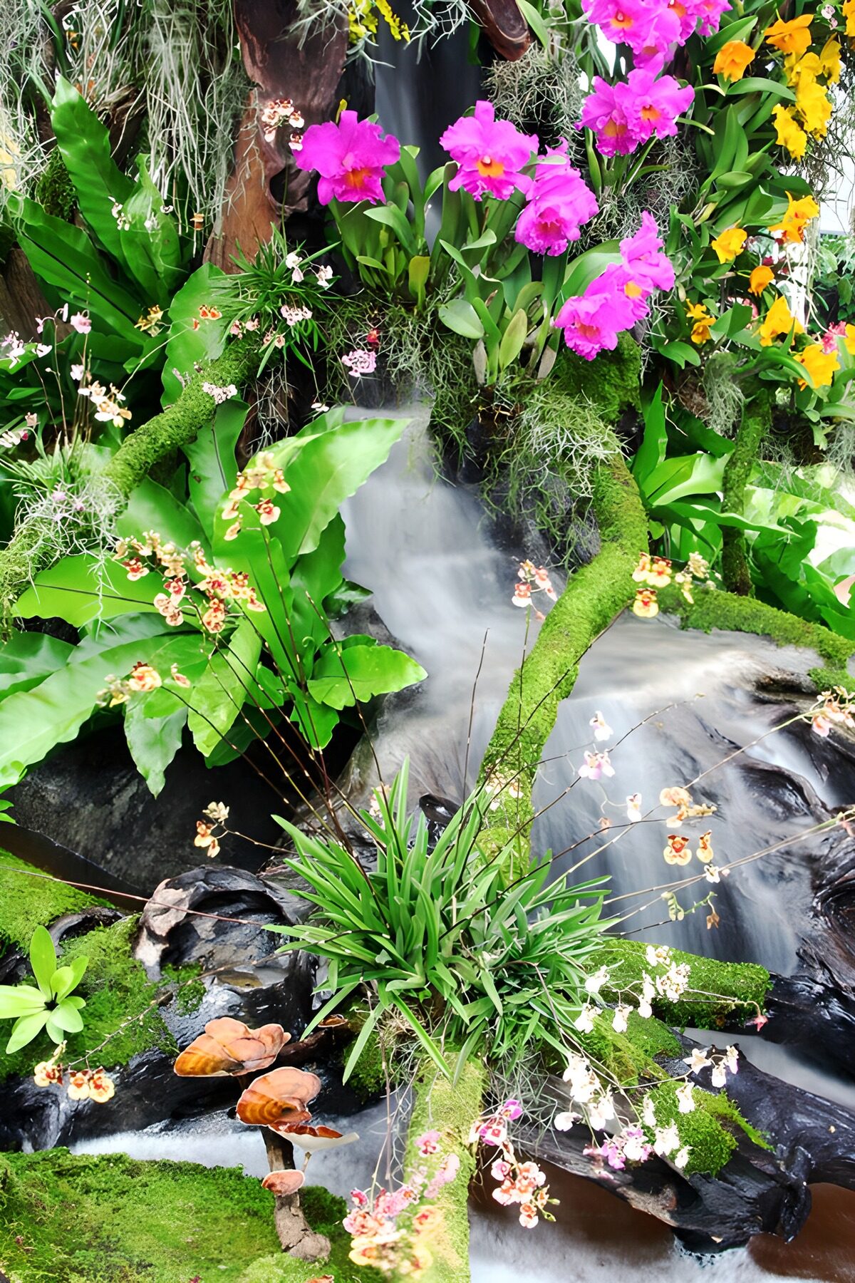 Orchideen am moosbewachsenen Wasserfall