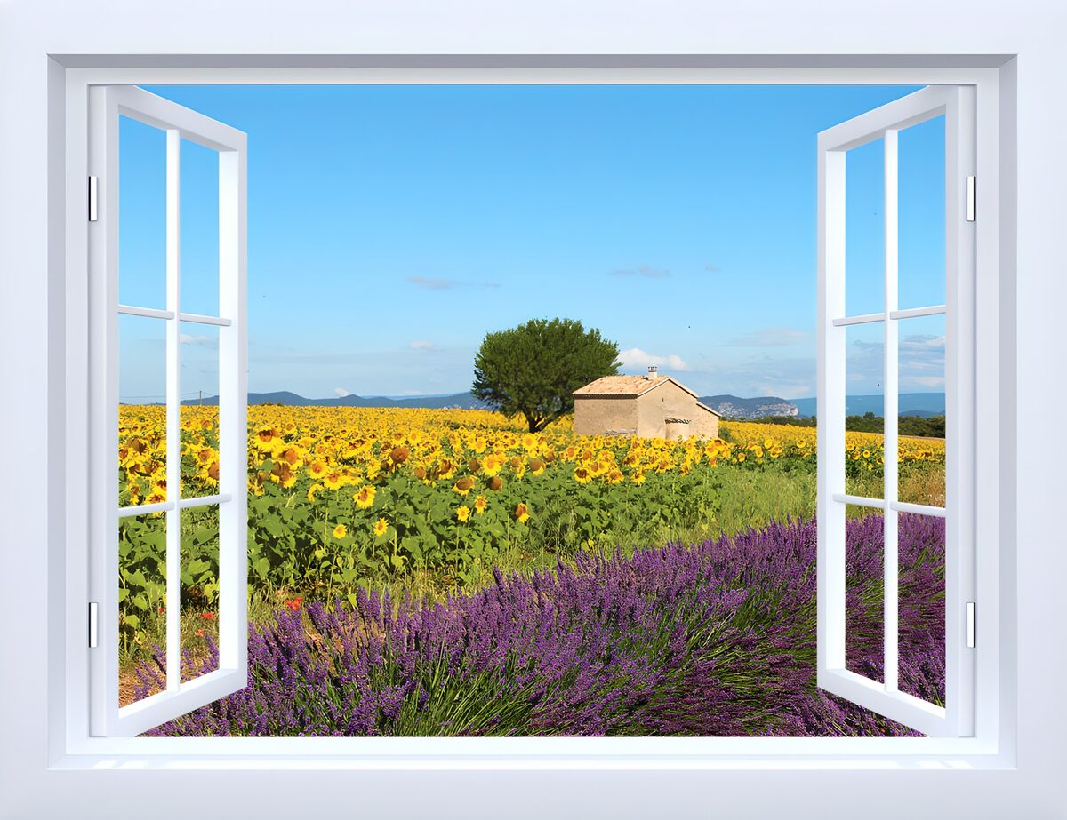Fensterblick auf Lavendel und Sonnenblumen