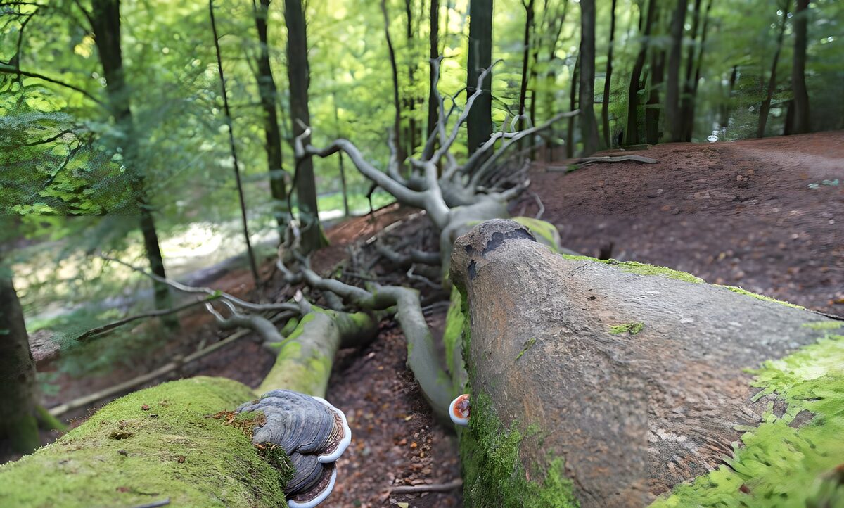 Moos und Baumpilze auf gefallenen Stämmen