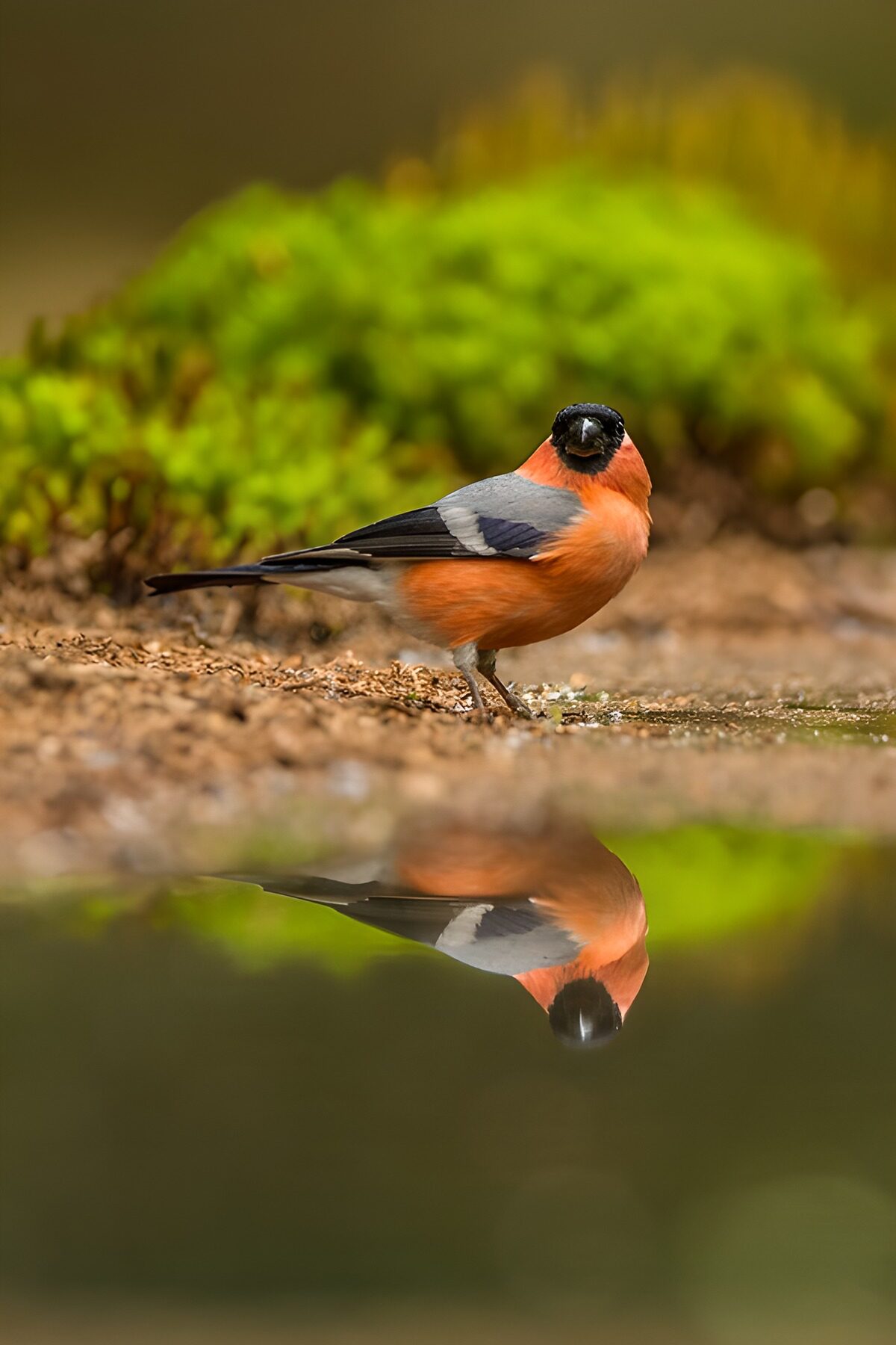 Gimpel mit Spiegelbild am stillen Wasser