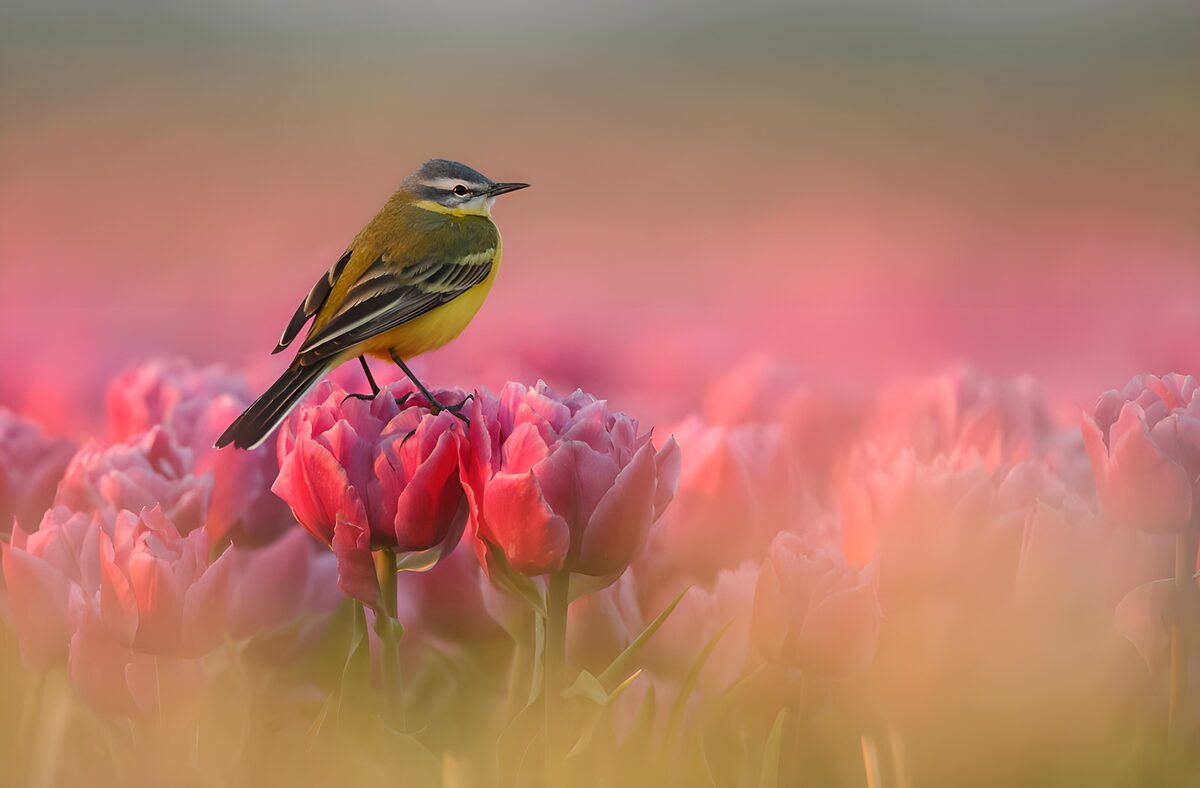 Schafstelze auf rosa Tulpe im sanften Licht