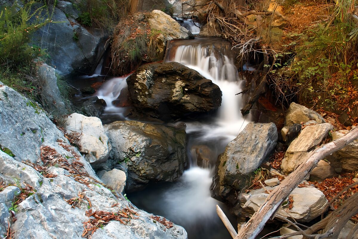 Kleiner Wasserfall im schattigen Waldbach