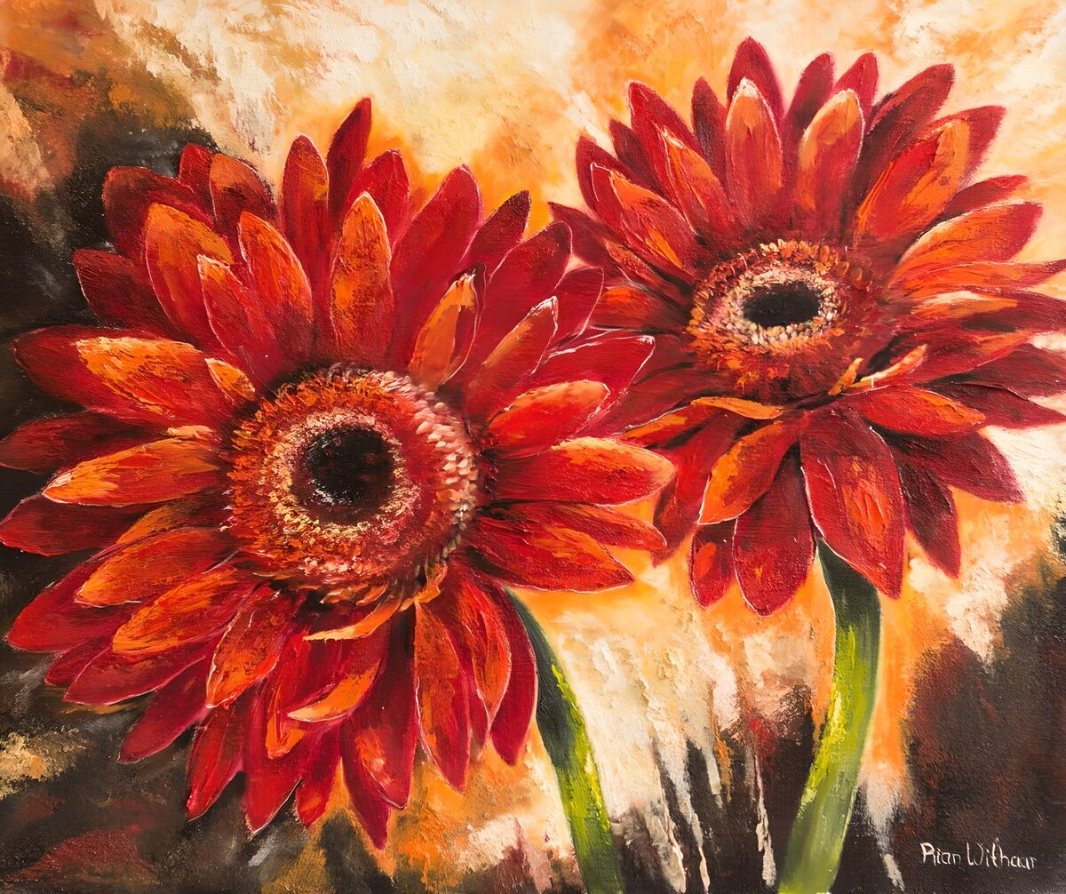 Zwei Gerbera in warmem Rot und Orange