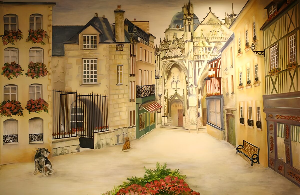 Altstadtgasse mit Kirche im warmen Licht