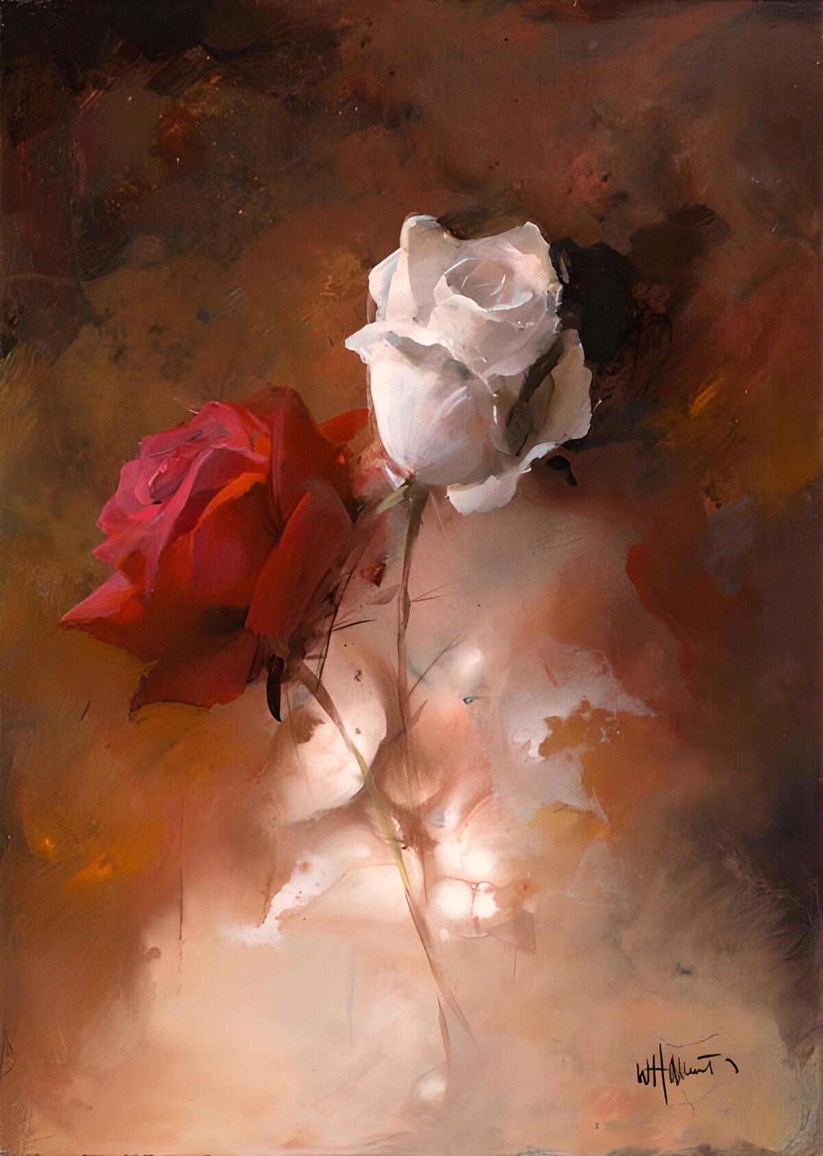 Rote und weiße Rose in warmen Erdtönen