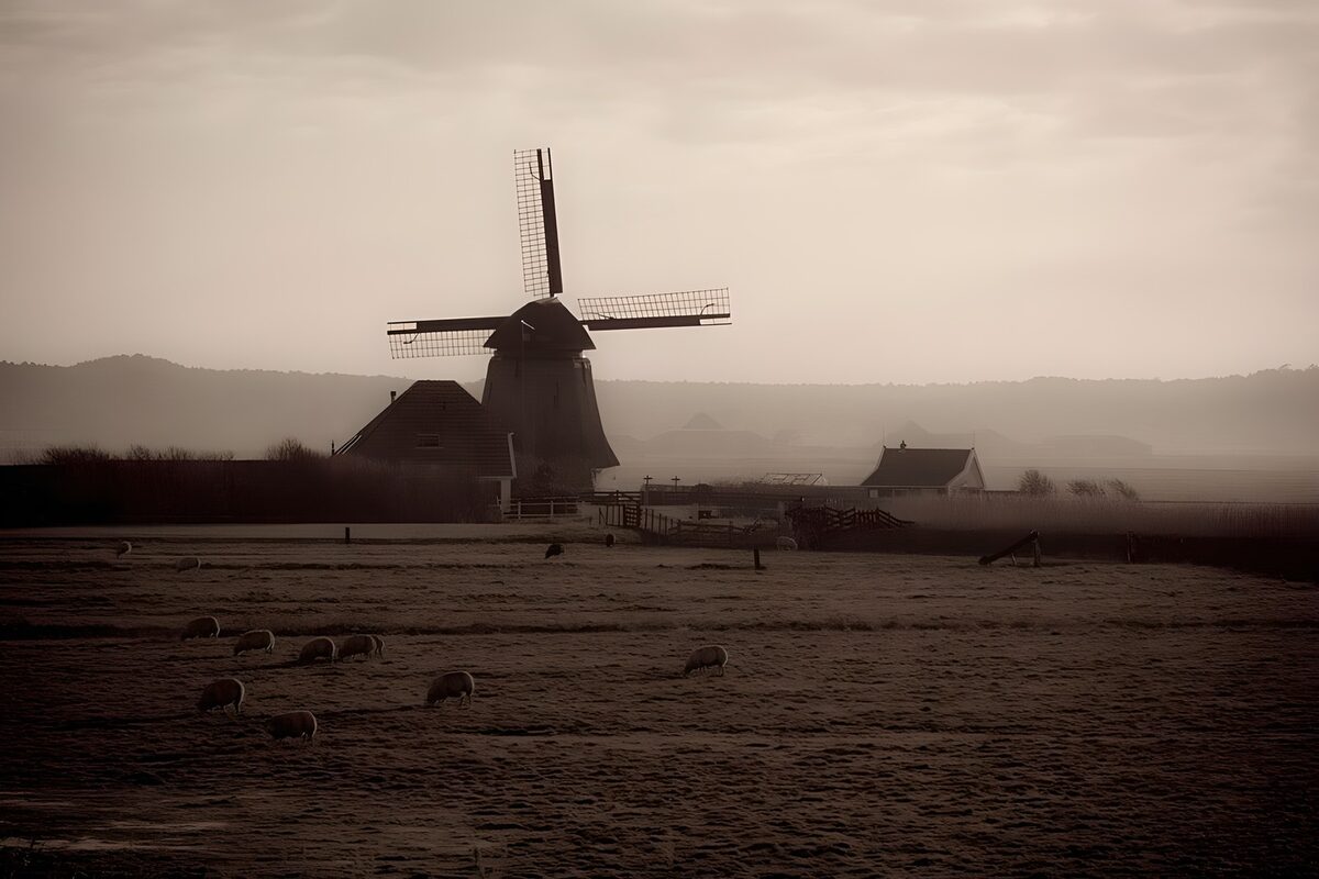 Windmühle und Schafe im Morgennebel