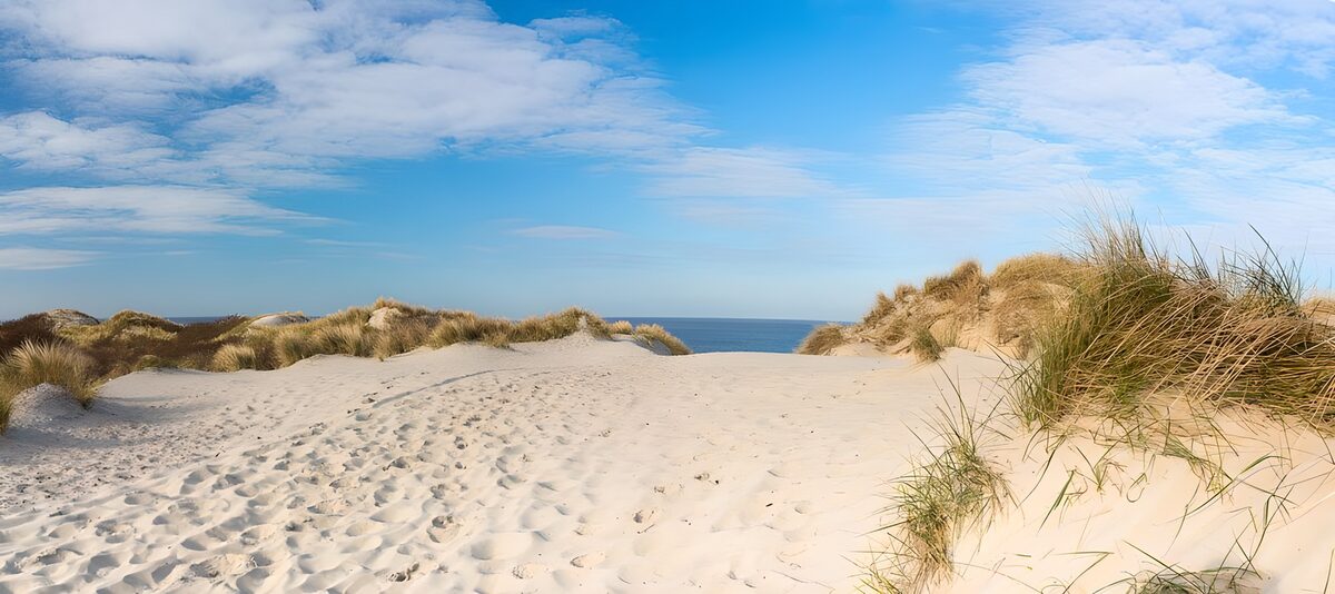 Helle Dünen mit Blick aufs blaue Meer