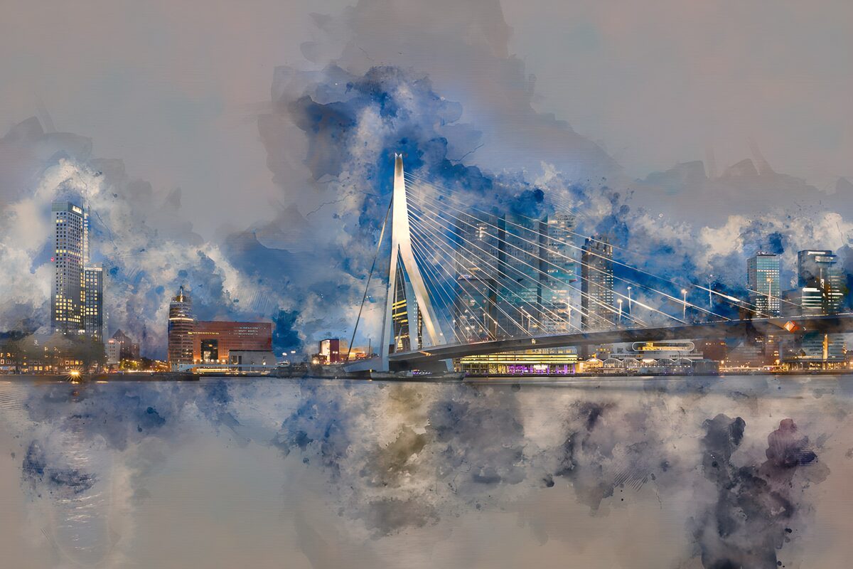 Erasmusbrücke bei Nacht in Aquarell