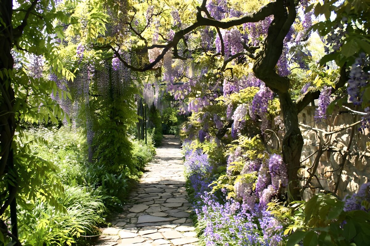Steinweg unter blühendem Blauregen