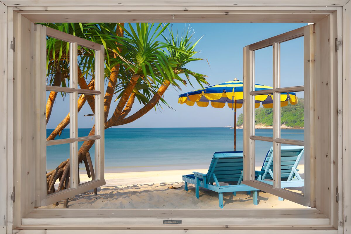 Offenes Fenster zum tropischen Strand
