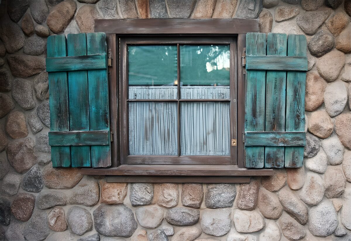 Rustikales Fenster mit türkisblauen Läden
