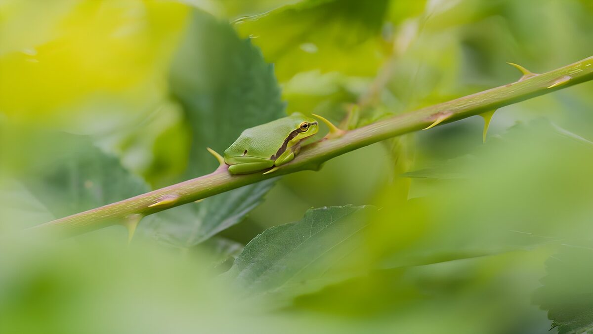 Grüner Frosch rastet auf dornigem Zweig