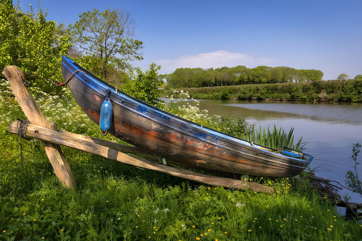 Altes Holzboot am grünen Ufer
