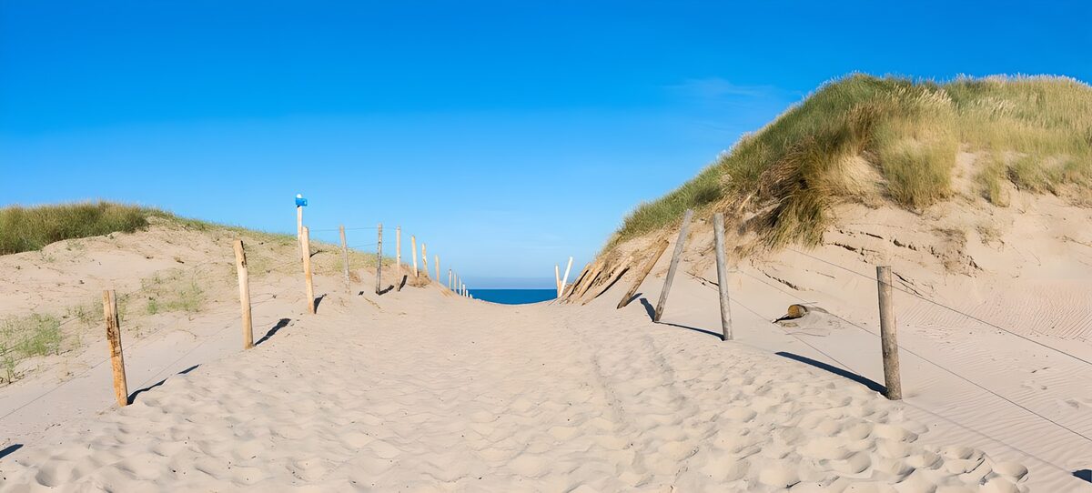 Sandweg zwischen Dünen zum blauen Meer