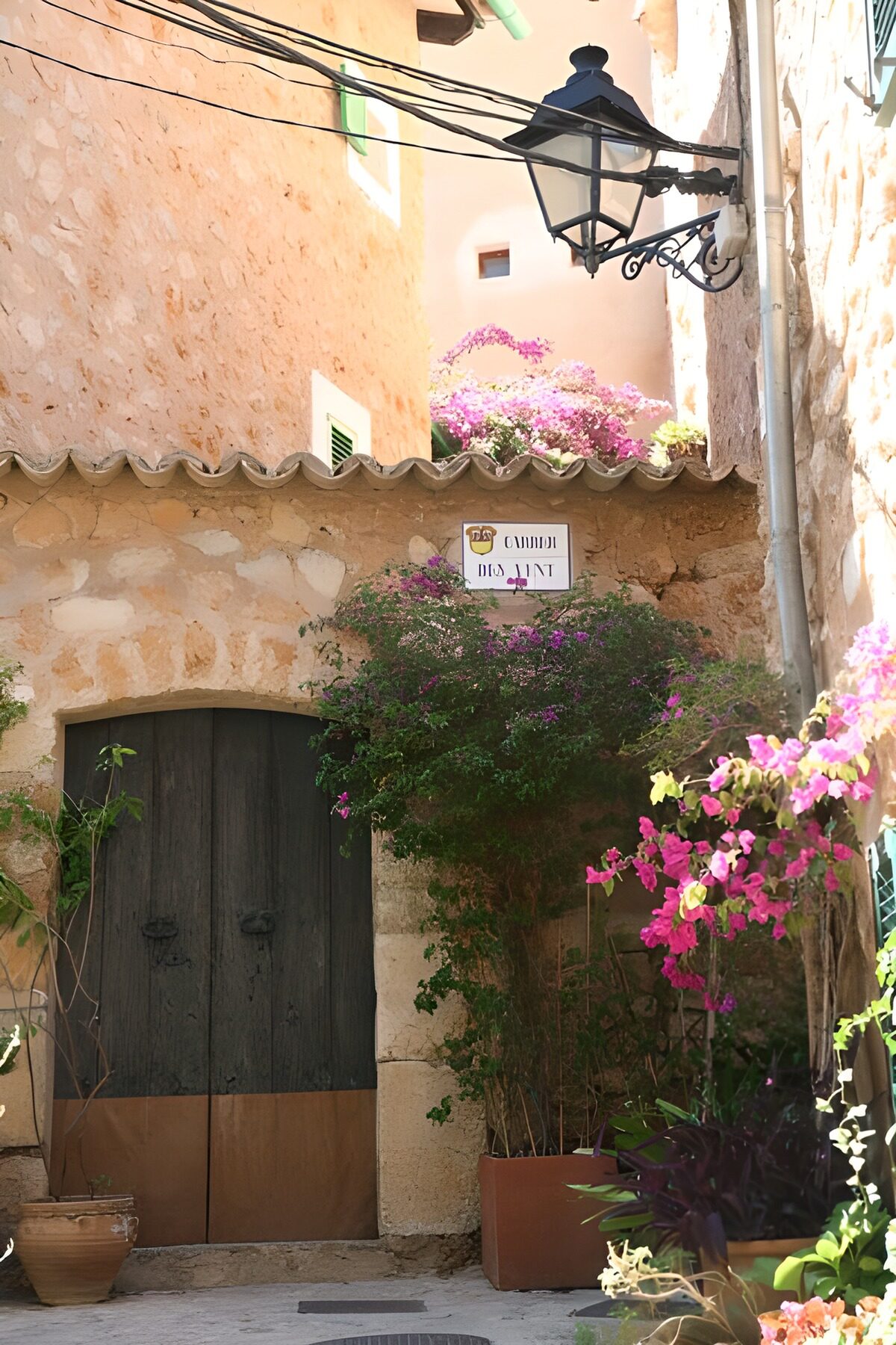Holztür und Blüten in der sonnigen Gasse
