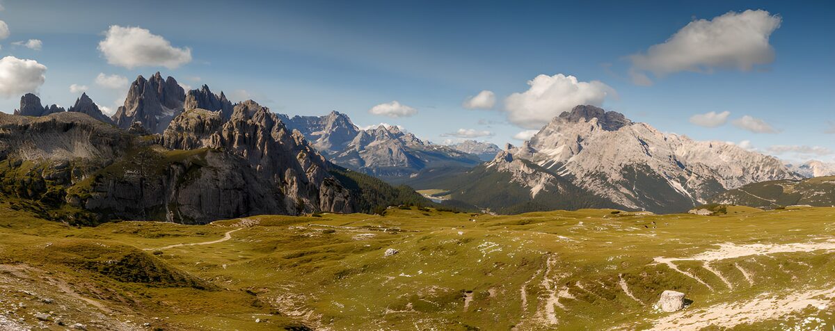 Sonnige Bergwiese vor schroffen Gipfeln