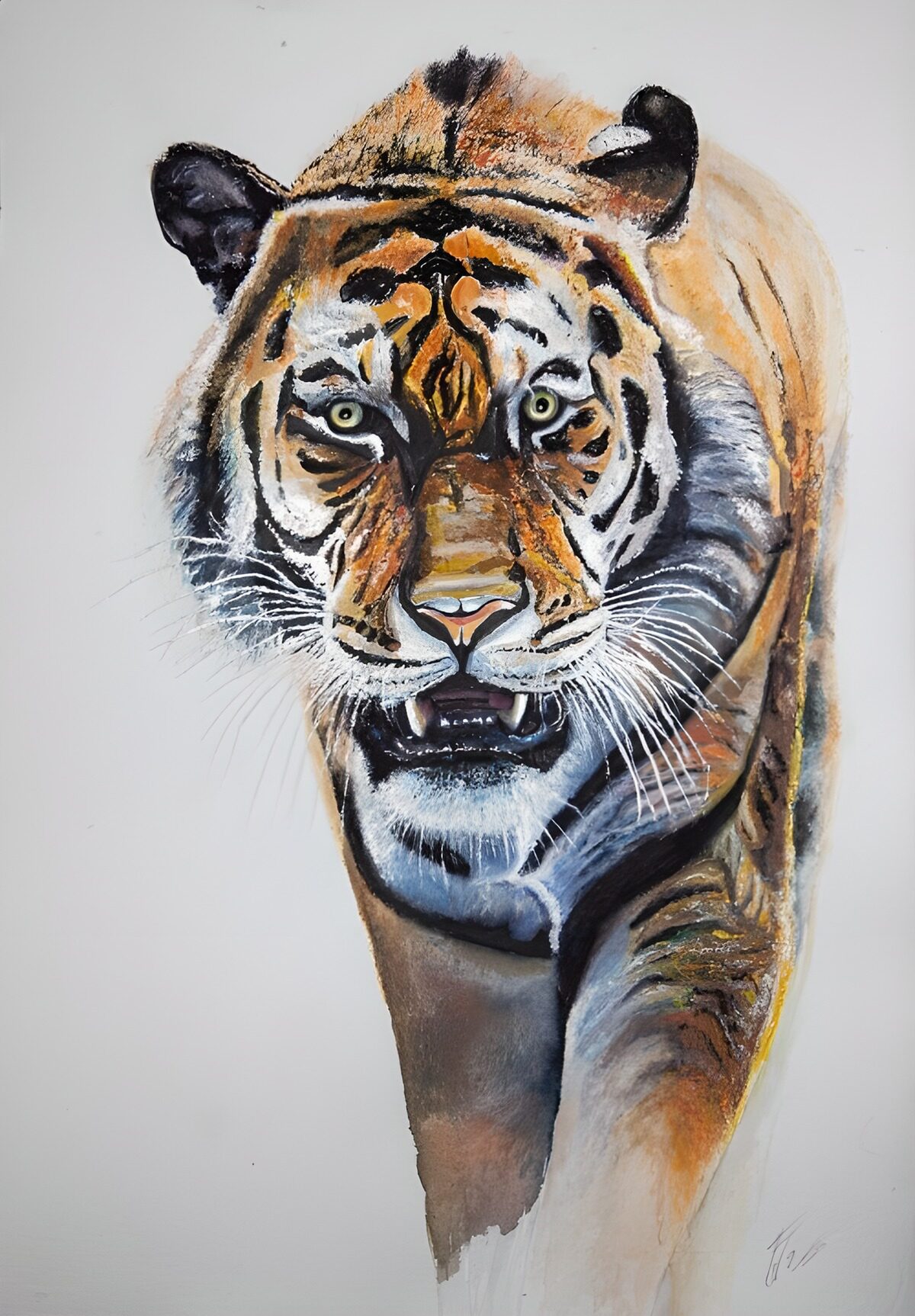 Tiger in Aquarell mit wachem Blick