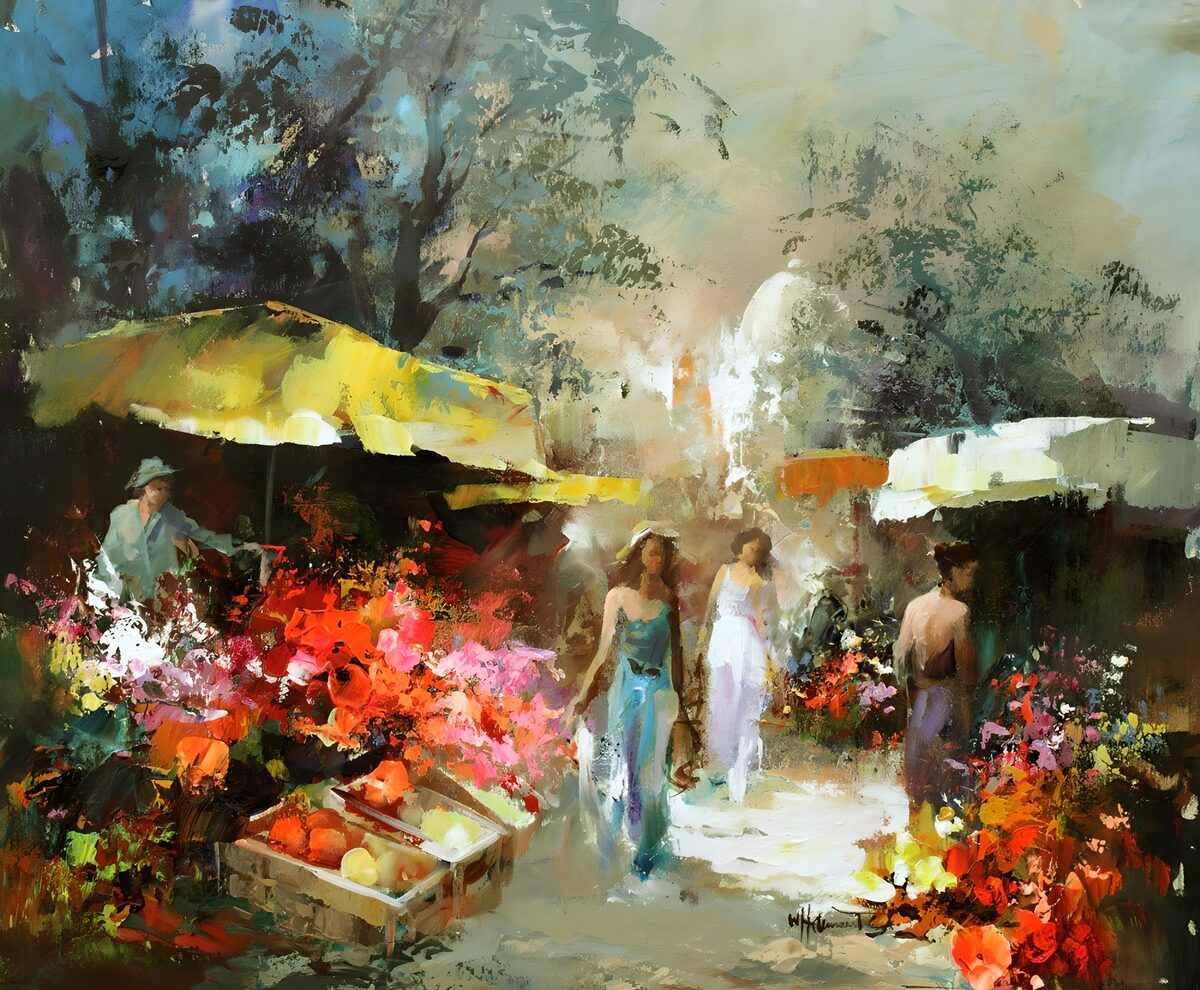 Blumenmarkt im warmen Sonnenlicht