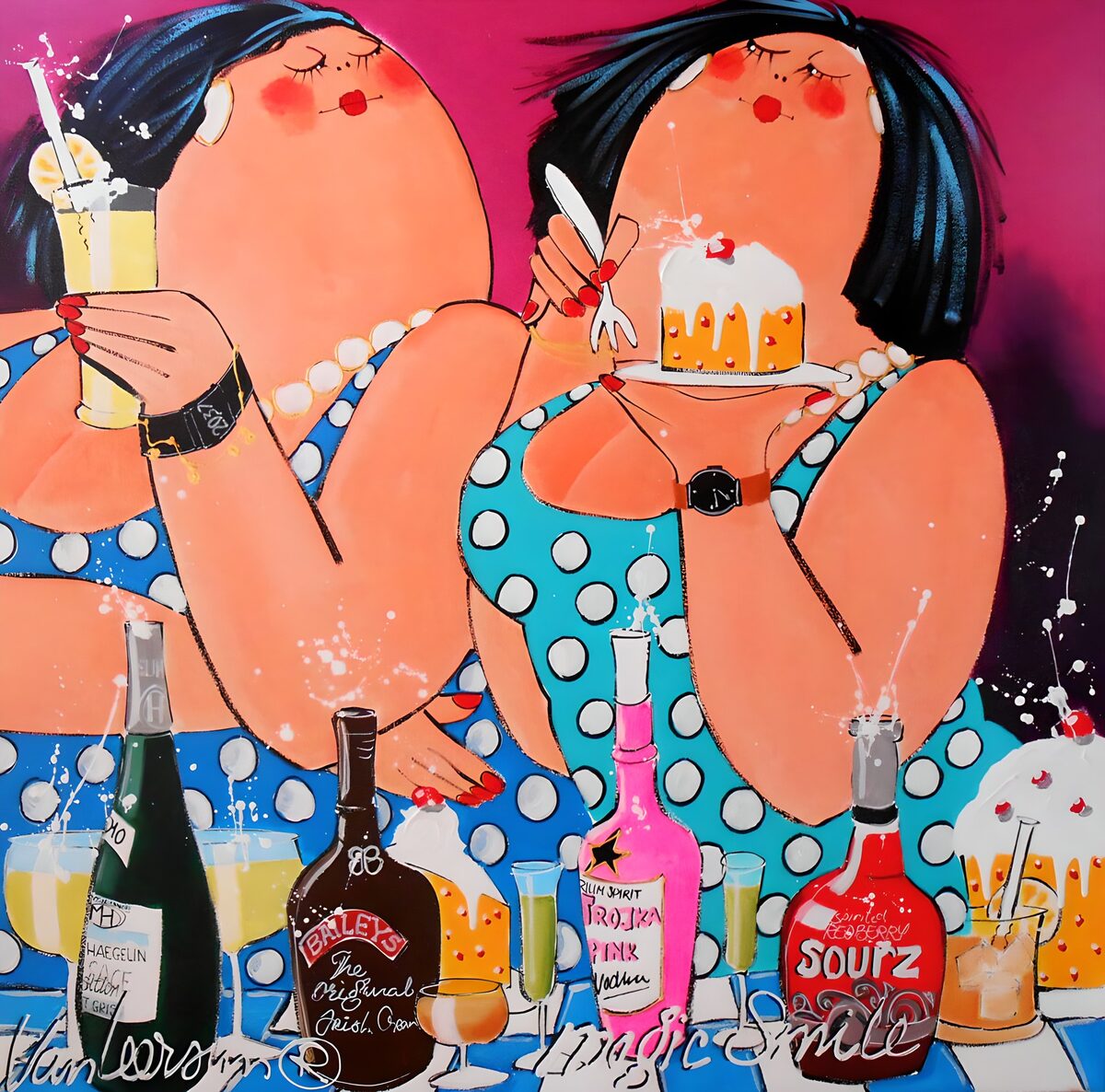 Zwei Frauen mit Cocktails und Kuchen