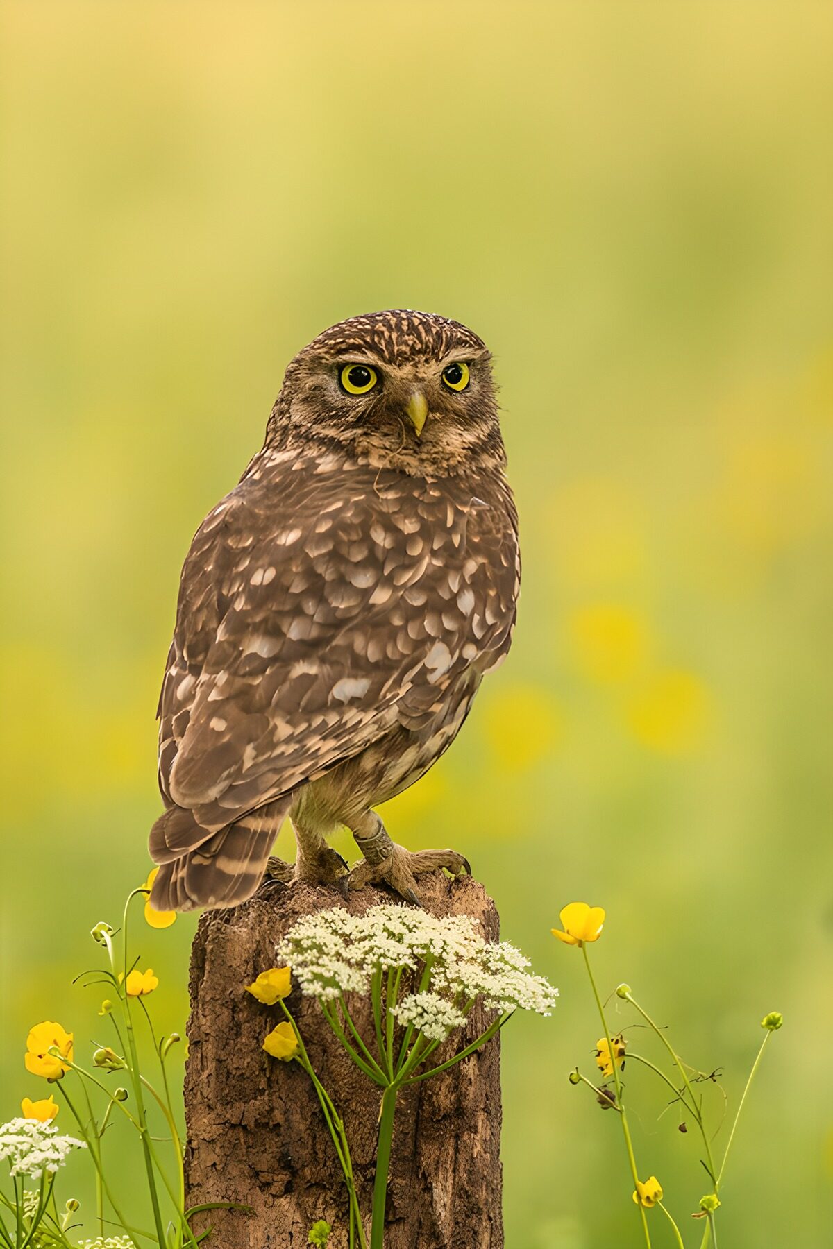 Steinkauz auf dem Pfosten zwischen Blüten