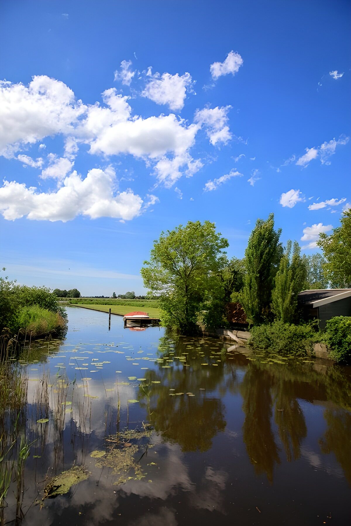 Ländlicher Kanal mit Boot und Seerosen