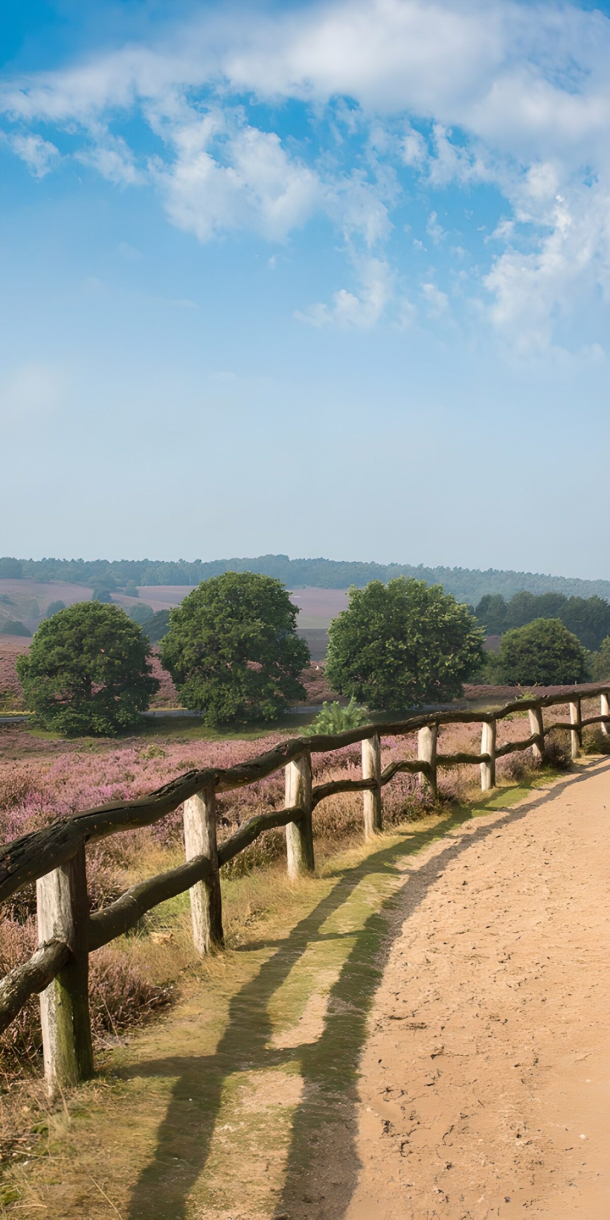 Sandweg und Holzzaun in blühender Heide