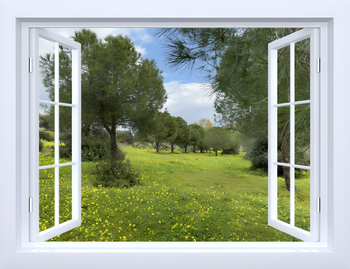 Offenes Fenster mit Blick auf die Wiese