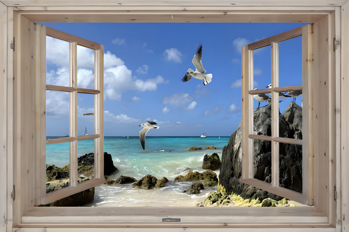 Offenes Fenster zur sonnigen Felsenküste