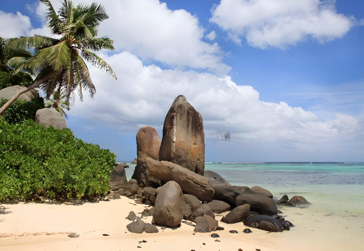 Palmenstrand mit Felsen im Sonnenlicht