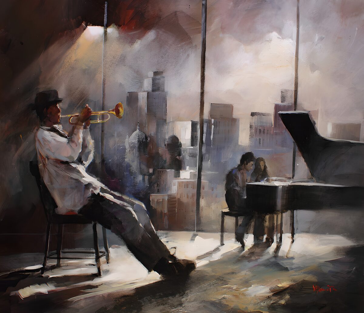 Trompeter und Pianist im Abendlicht