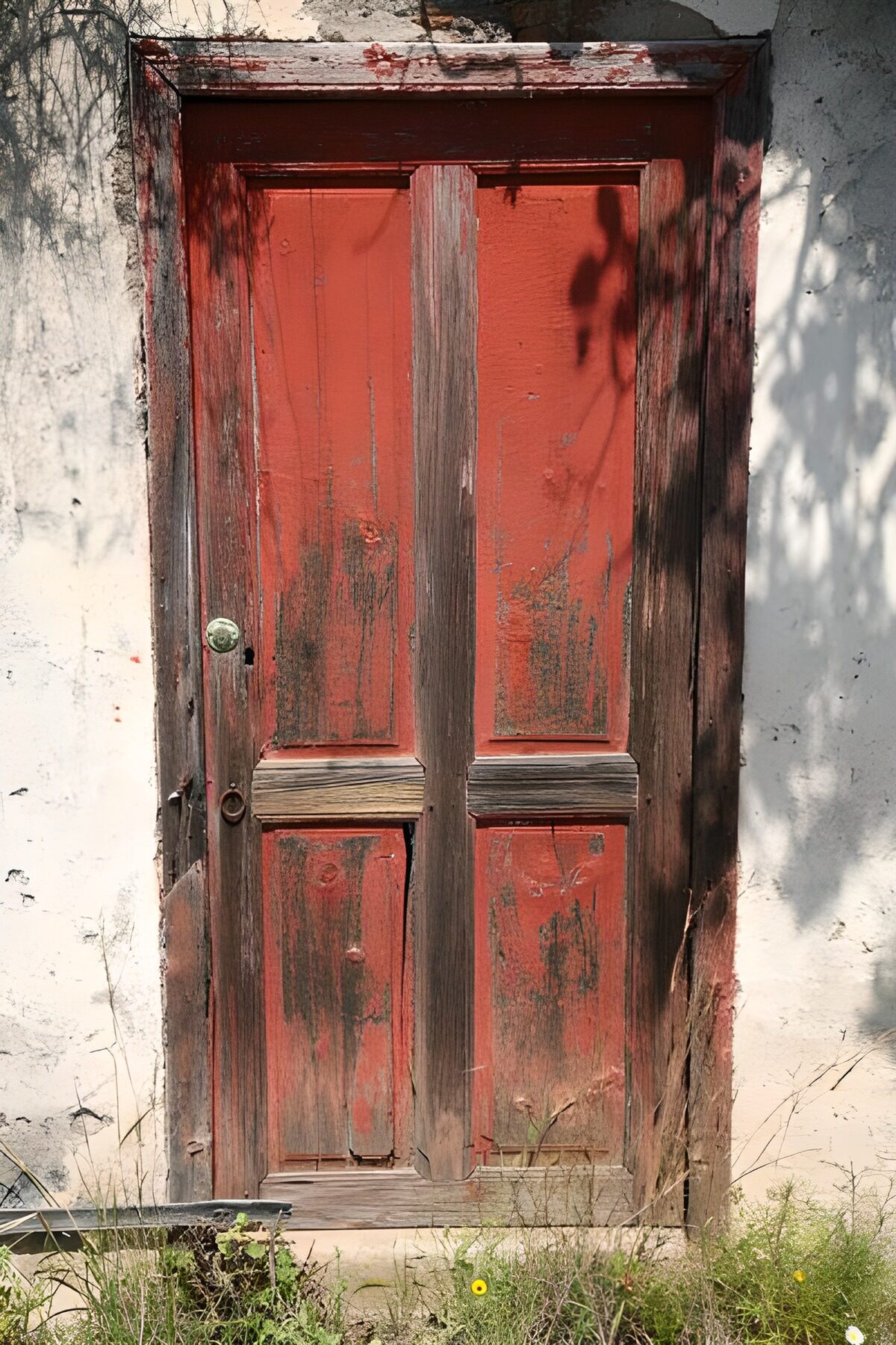 Verwitterte rote Holztür im Sonnenlicht