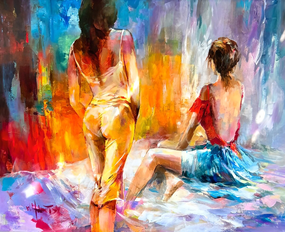 Zwei Frauen von hinten, farbenfroh gemalt