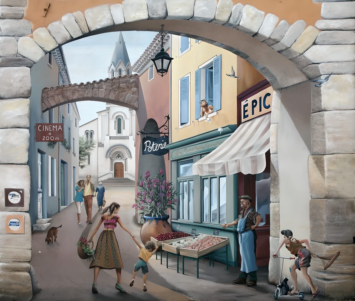 Lebhafte Marktgasse unter dem Steinbogen
