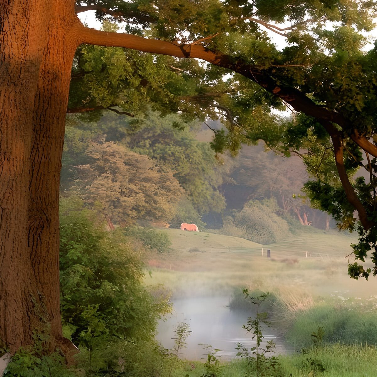Pferd am Wasser im Morgennebel