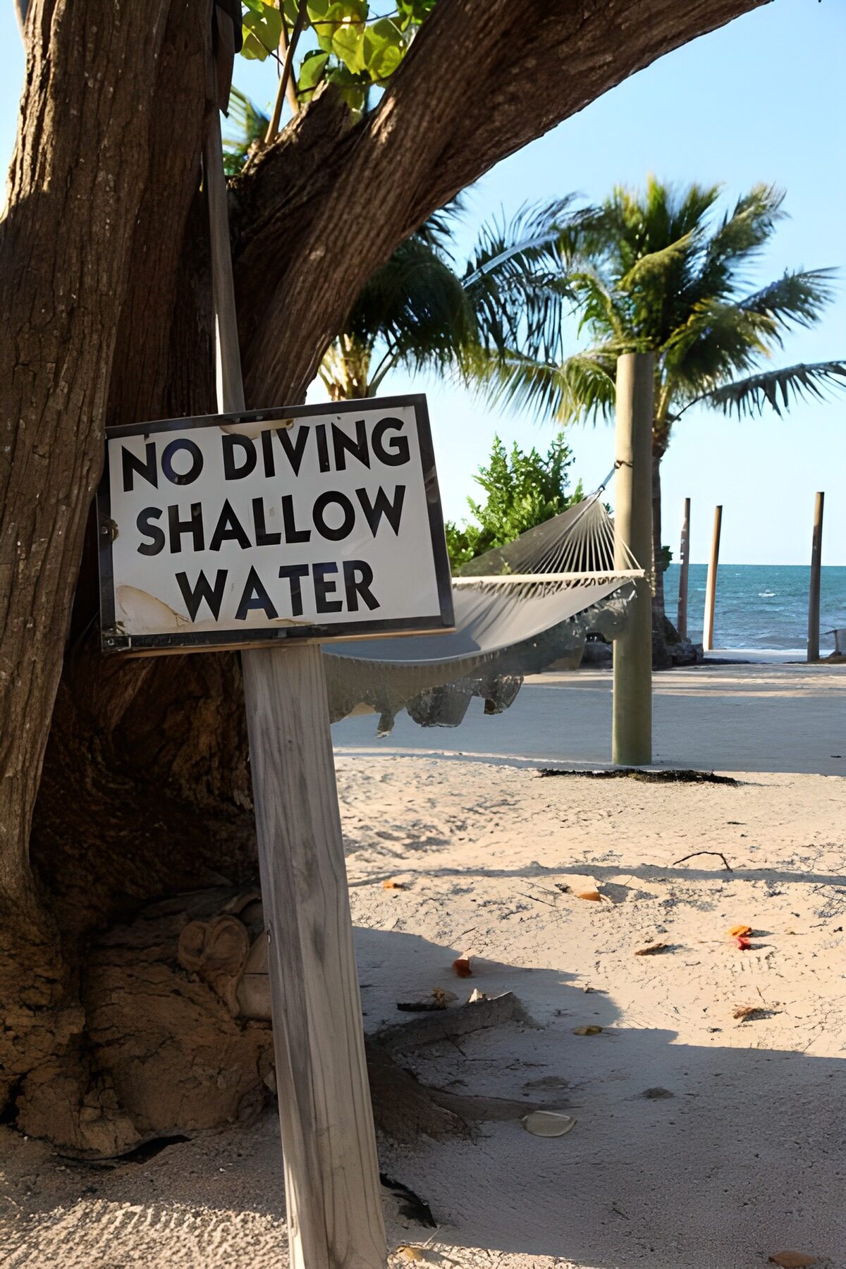Hängematte und Warnschild am Tropenstrand
