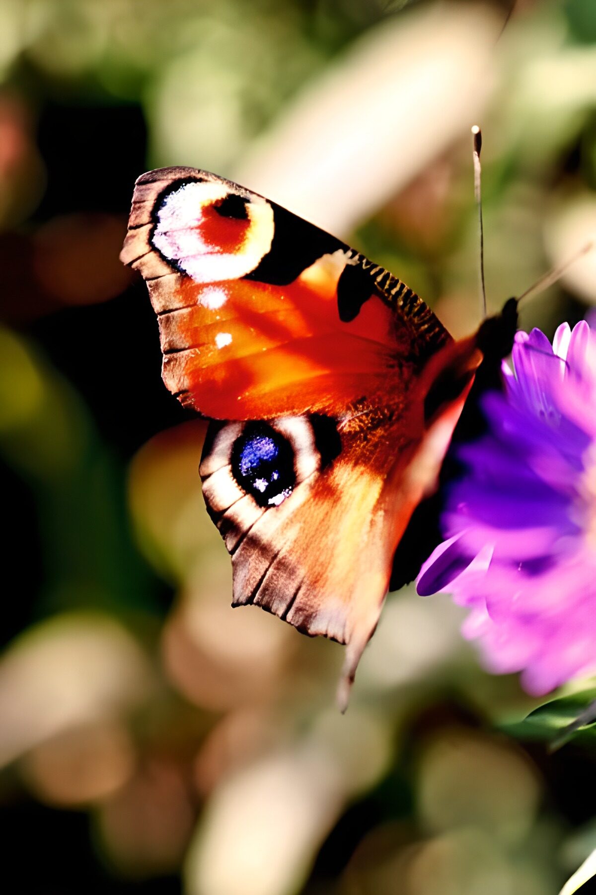 Tagpfauenauge auf sonniger violetter Blüte