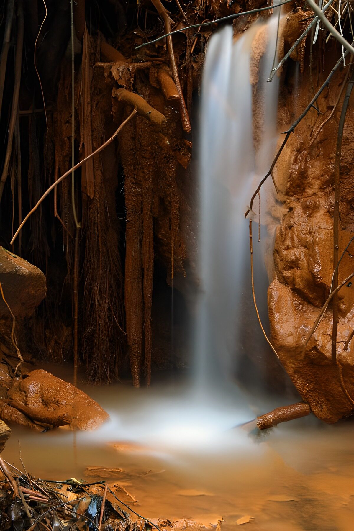 Wasserfall zwischen rostroten Felsen