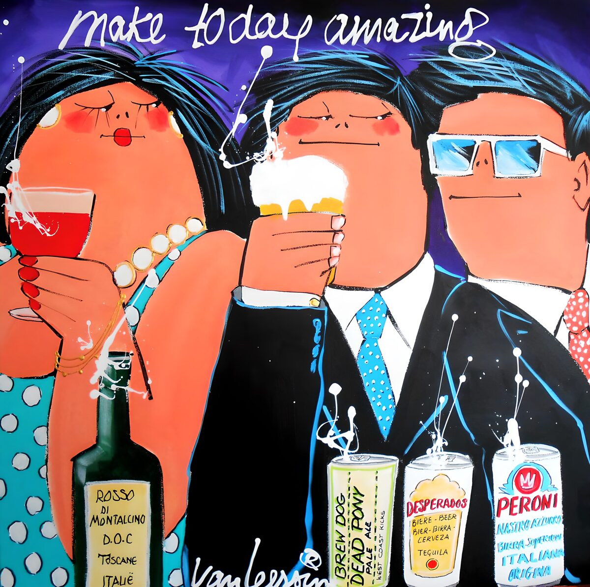 Pop-Art-Trio mit Bier und Wein