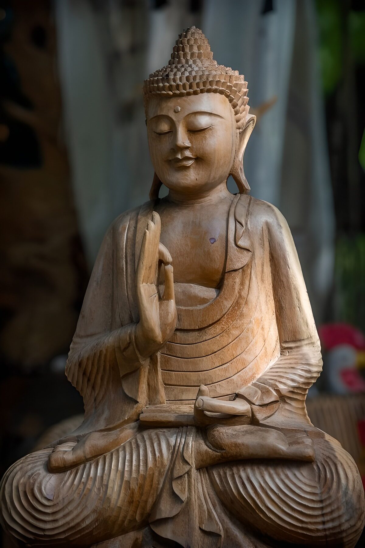 Buddha aus Holz in stiller Meditation