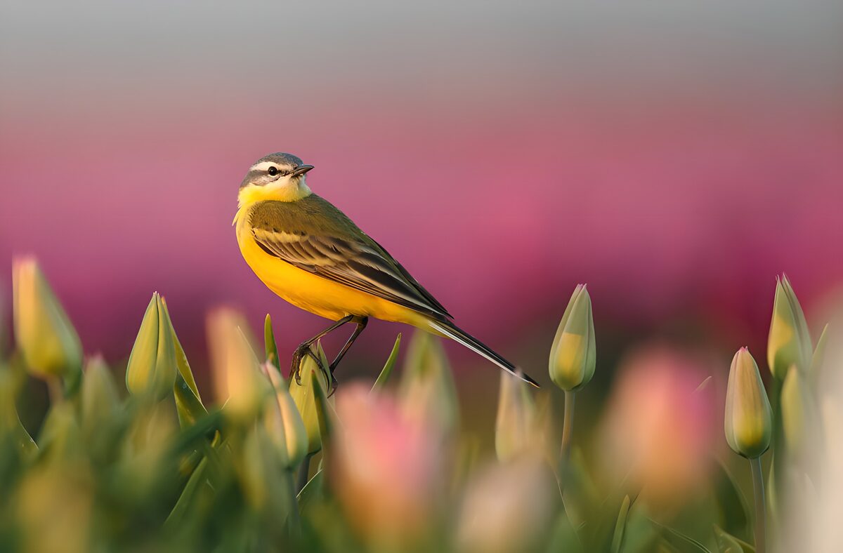 Schafstelze auf zarter Tulpenknospe