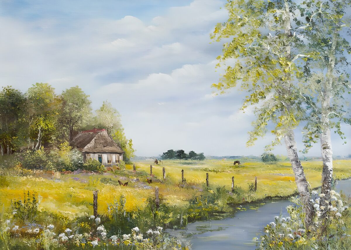 Landhaus mit Birken im Sommerlicht