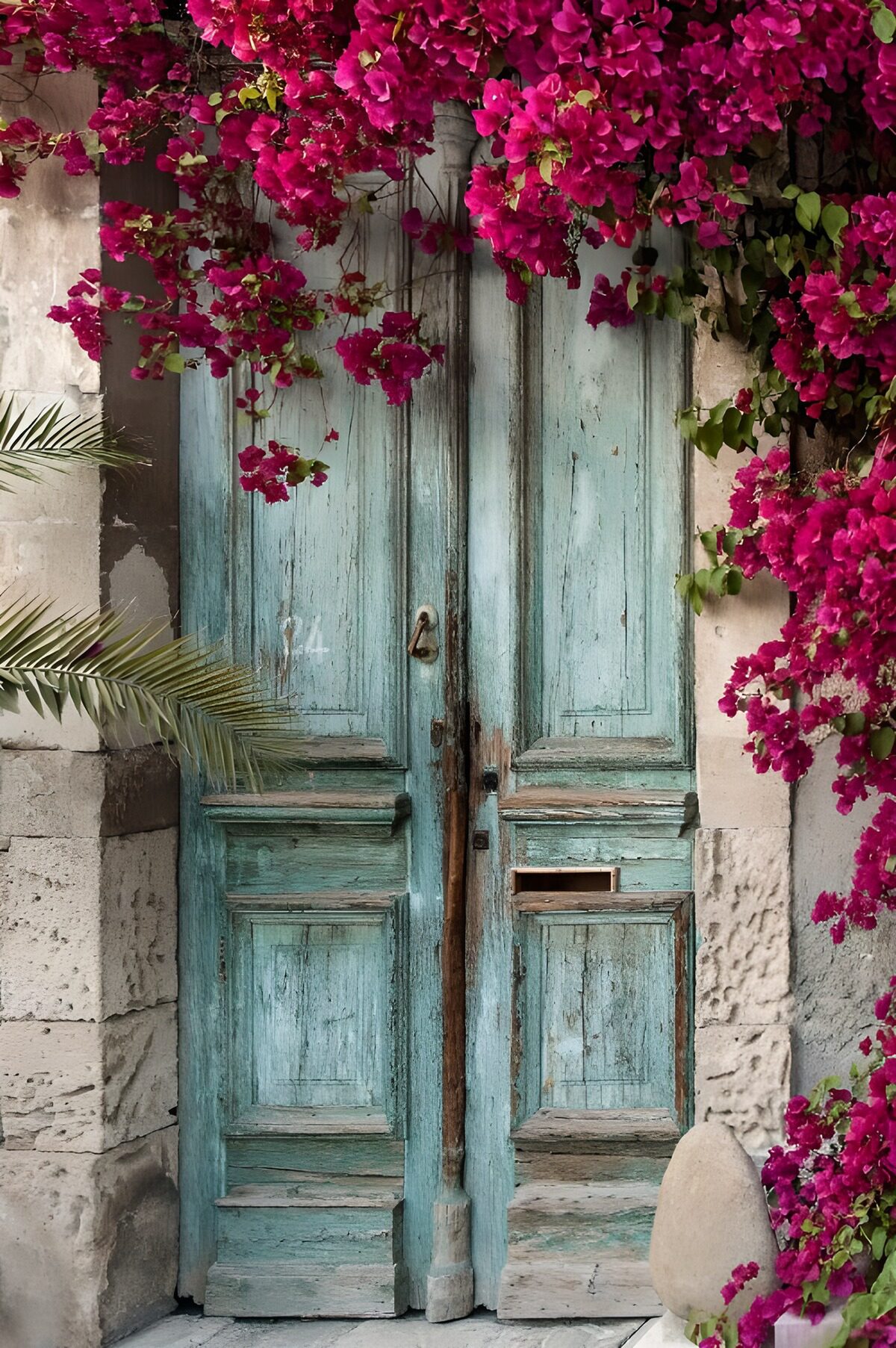 Türkise Holztür unter Bougainvillea