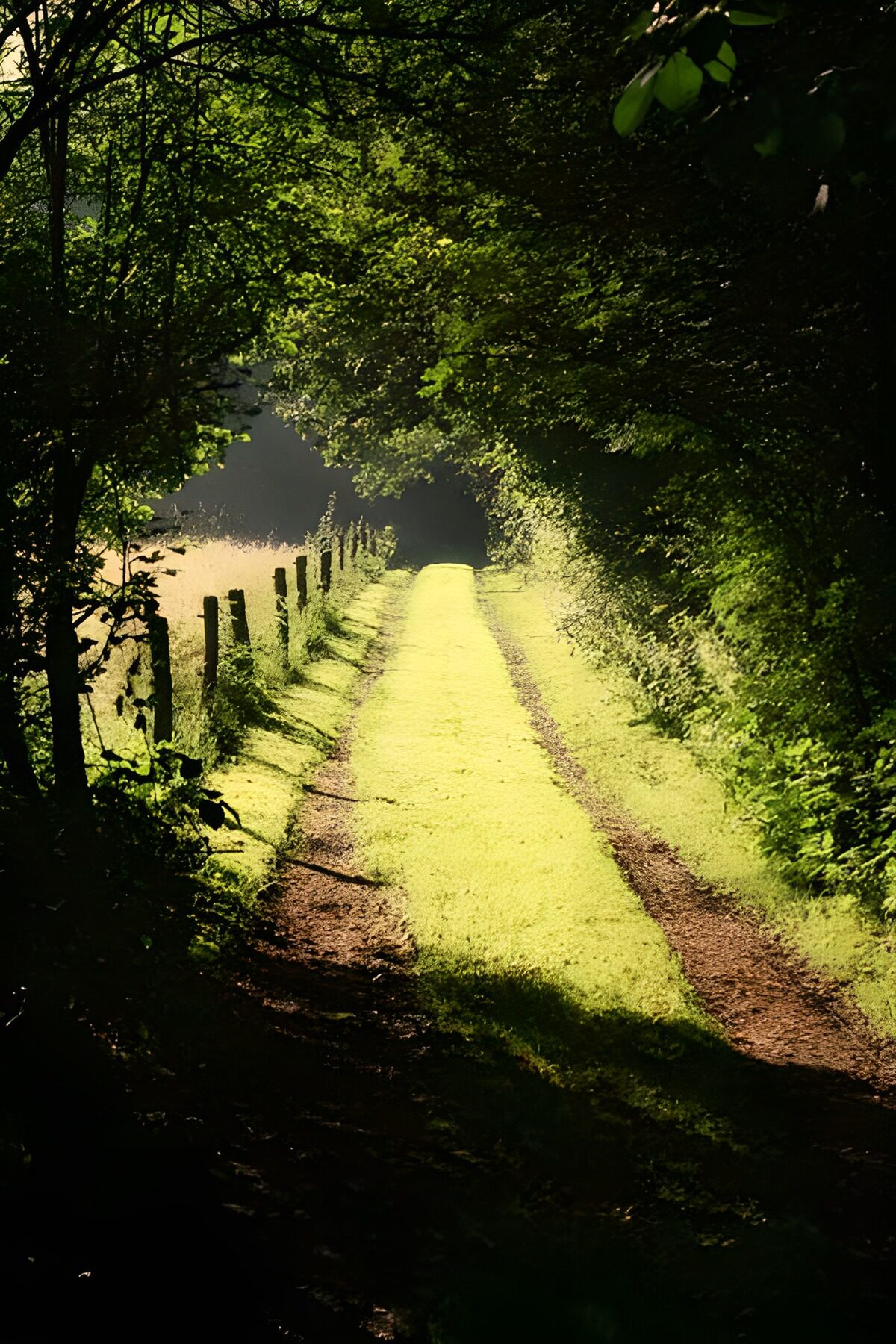 Grasweg mit Fahrspuren im Baumschatten