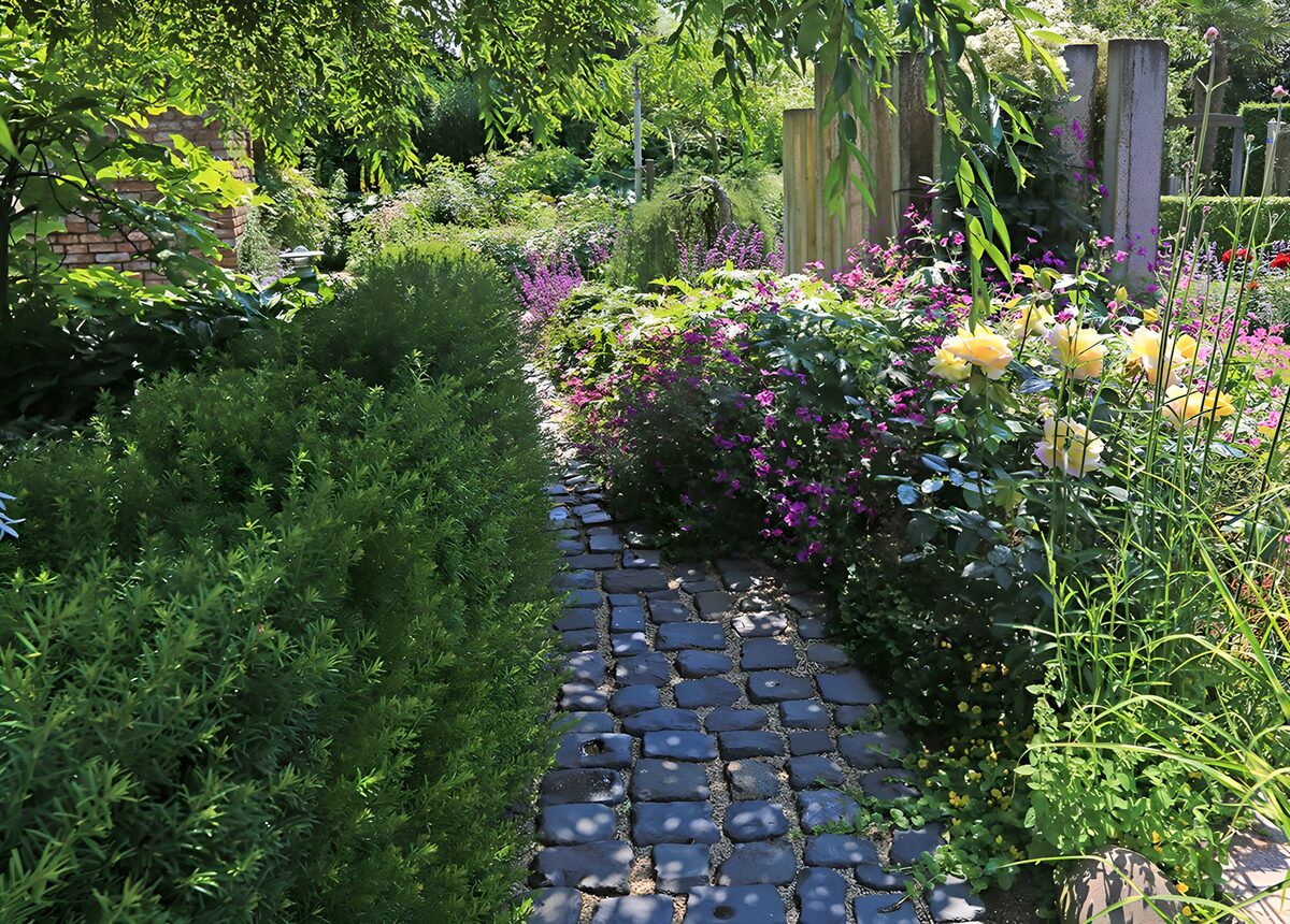 Gewundener Gartenweg im Sommergrün